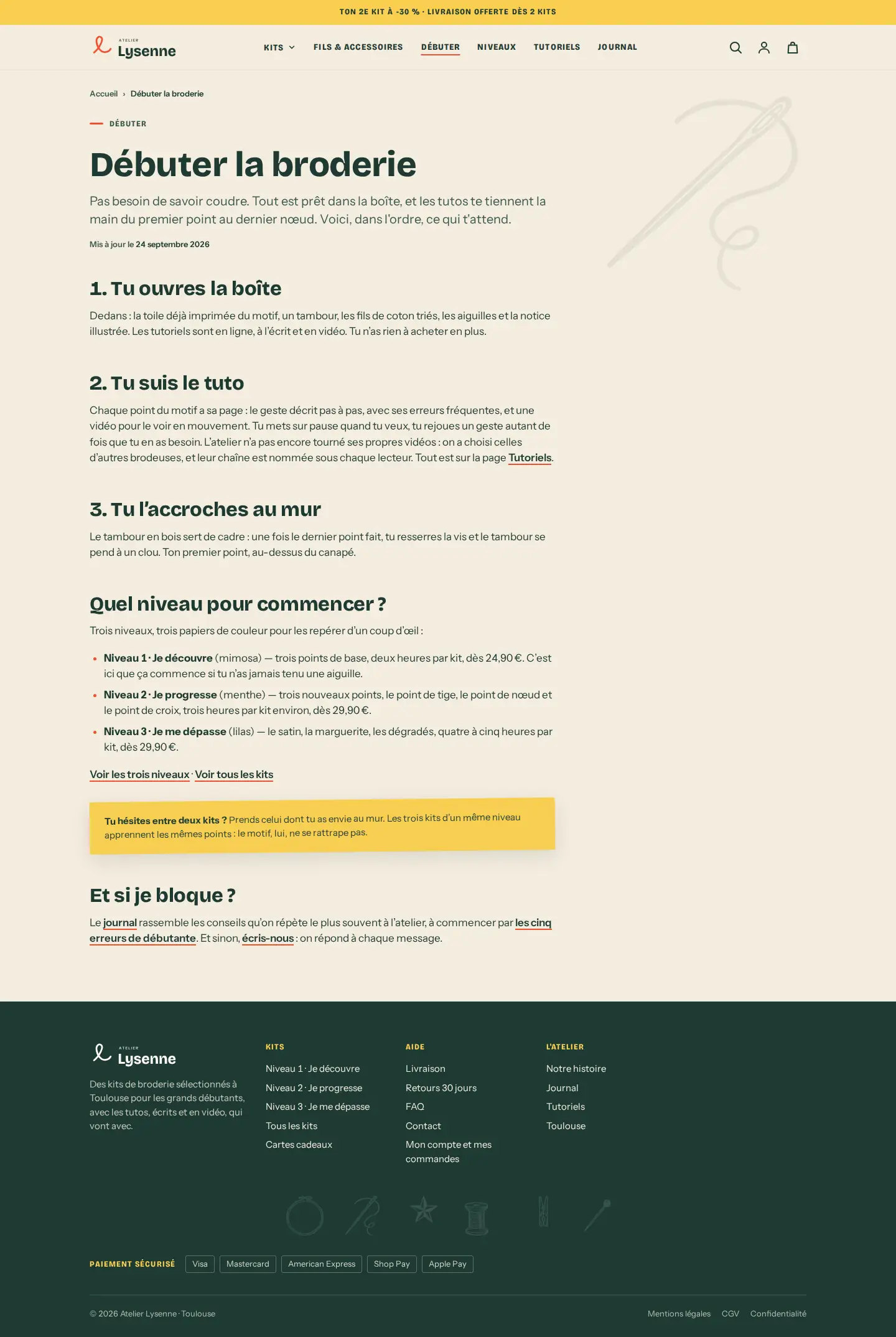 Capture de page « Débuter la broderie » du site Atelier Lysenne, sur ordinateur