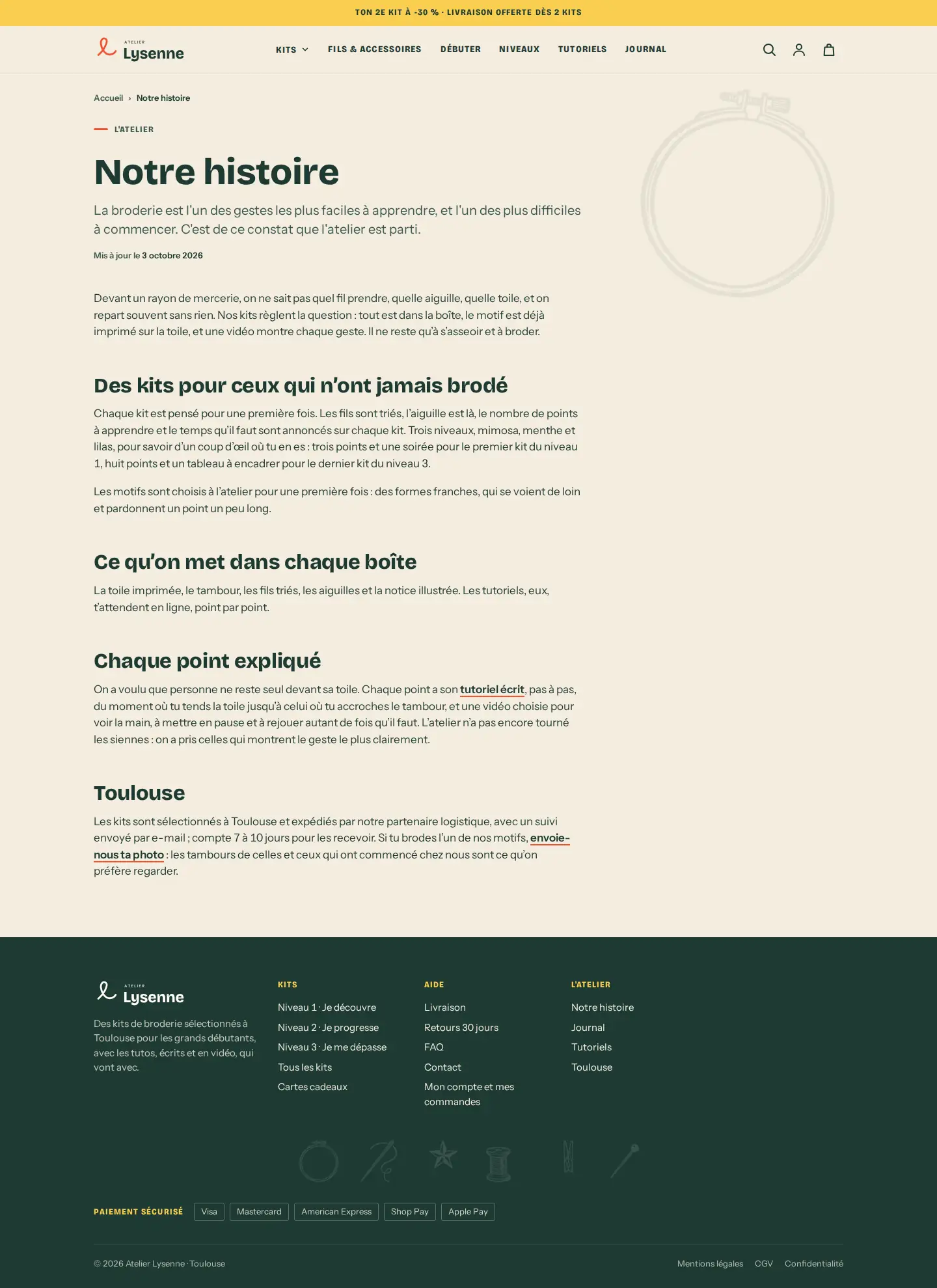 Capture de page « Notre histoire » du site Atelier Lysenne, sur ordinateur