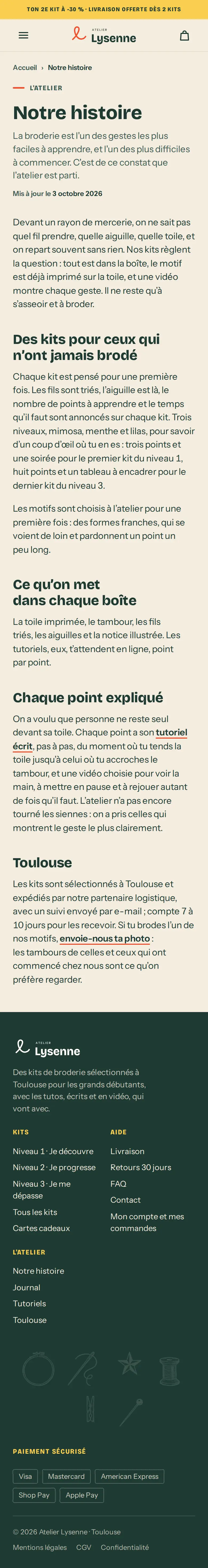 Capture de page « Notre histoire » du site Atelier Lysenne, sur téléphone