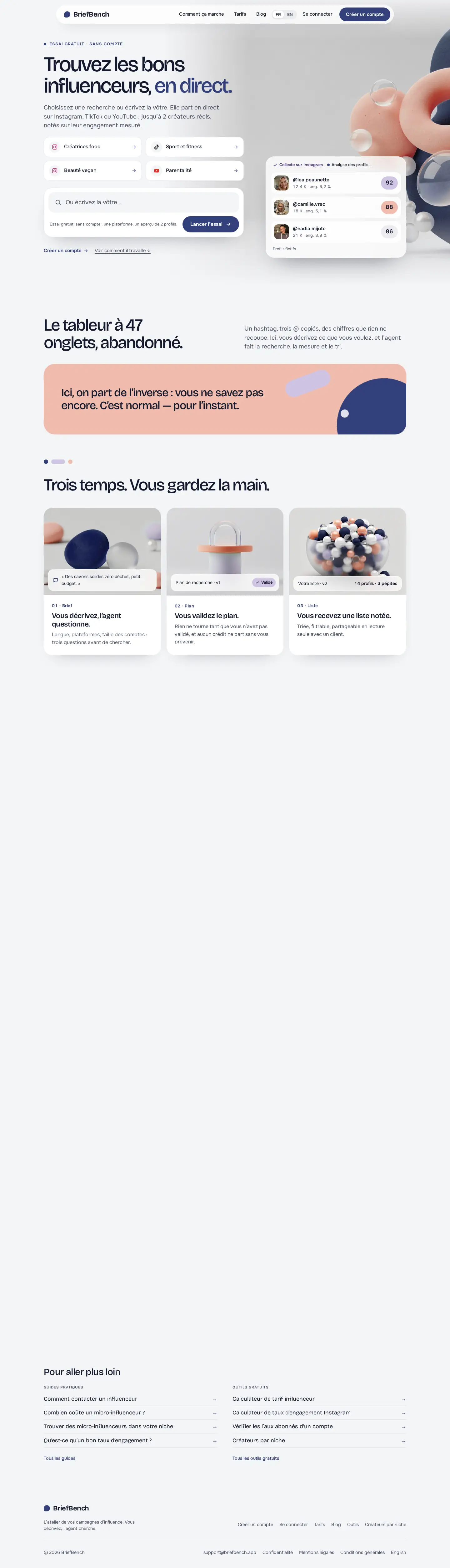 Capture de page d'accueil du site BriefBench, sur ordinateur