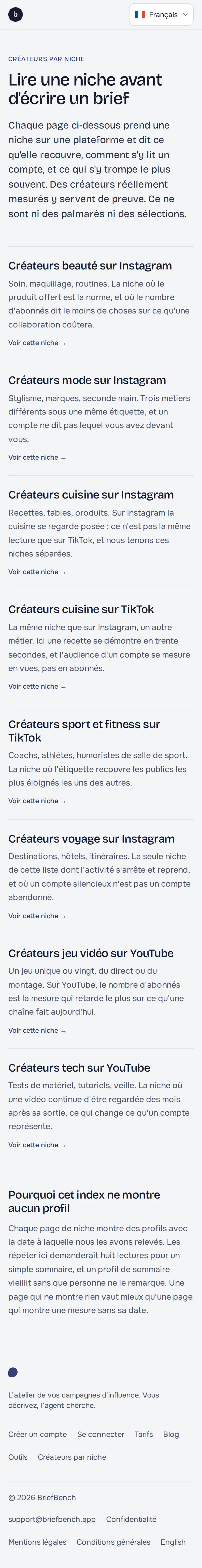 Capture de page « Créateurs par niche et par plateforme » du site BriefBench, sur téléphone