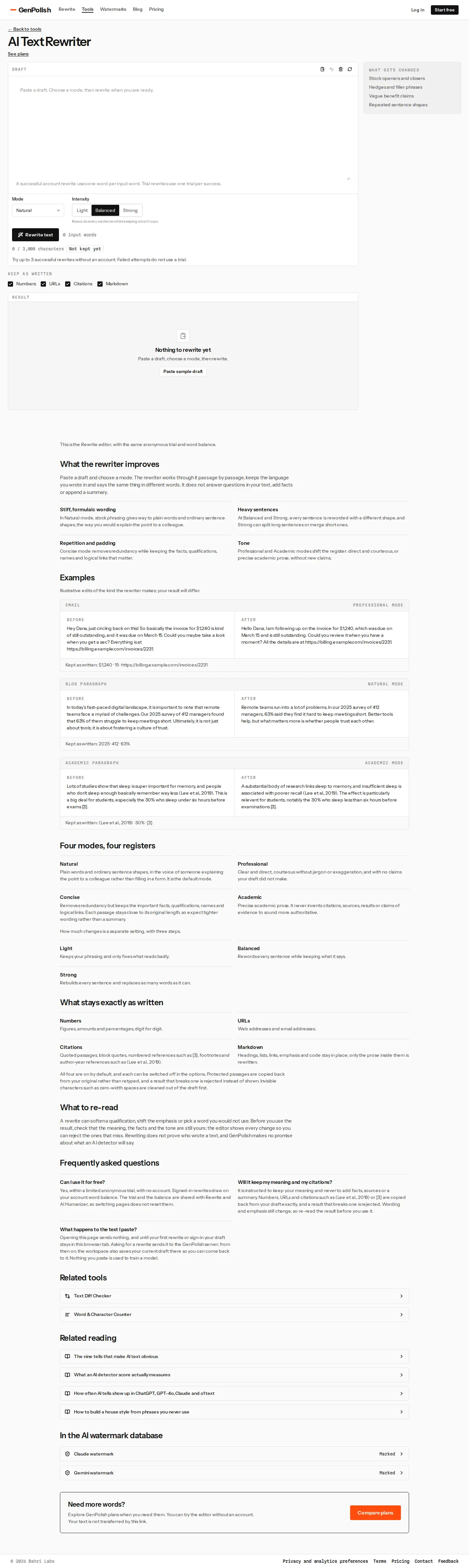 Capture de page de l'outil de réécriture du site GenPolish, sur ordinateur