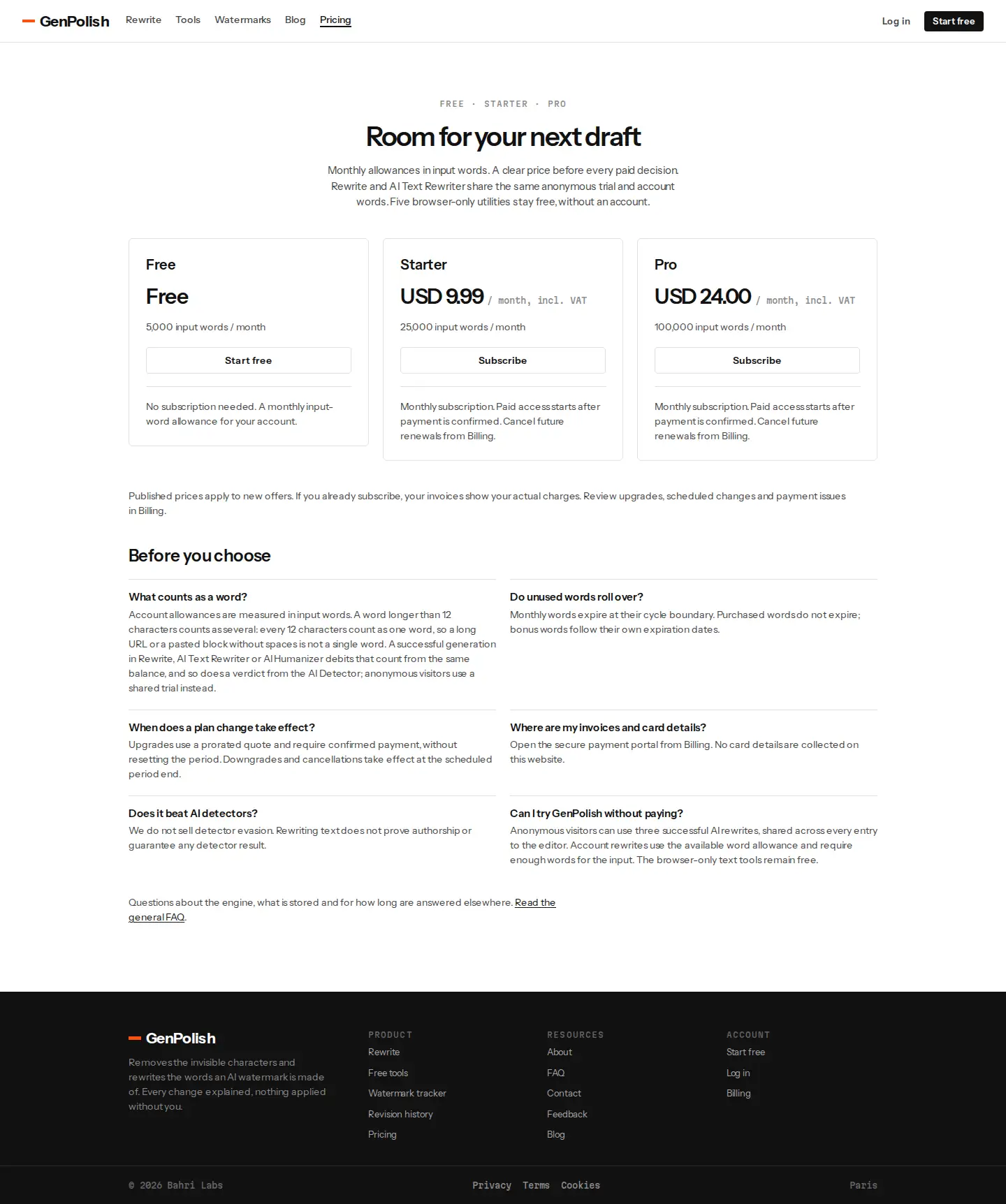 Capture de page des tarifs du site GenPolish, sur ordinateur