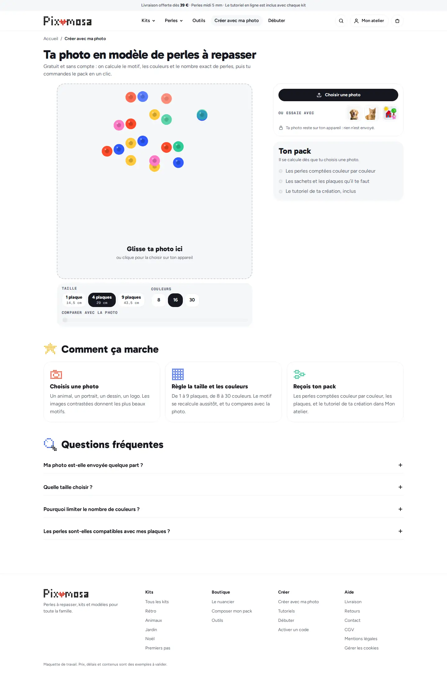 Capture de page « Créer avec ma photo » du site Pixomosa, sur ordinateur