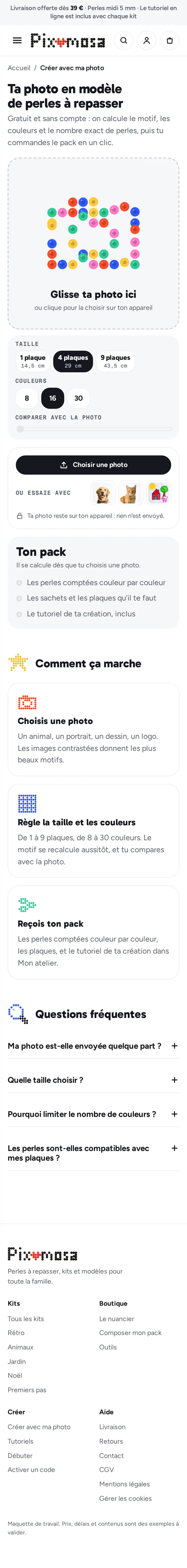 Capture de page « Créer avec ma photo » du site Pixomosa, sur téléphone