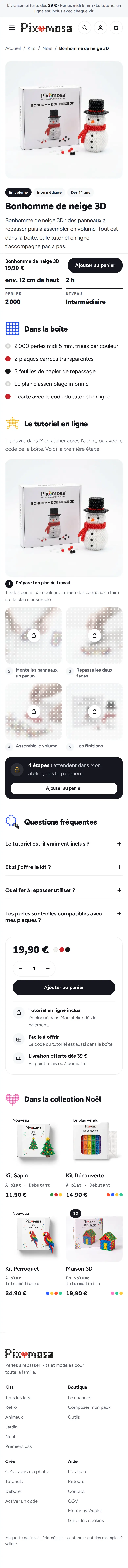 Capture de fiche du kit « Bonhomme de neige 3D » du site Pixomosa, sur téléphone